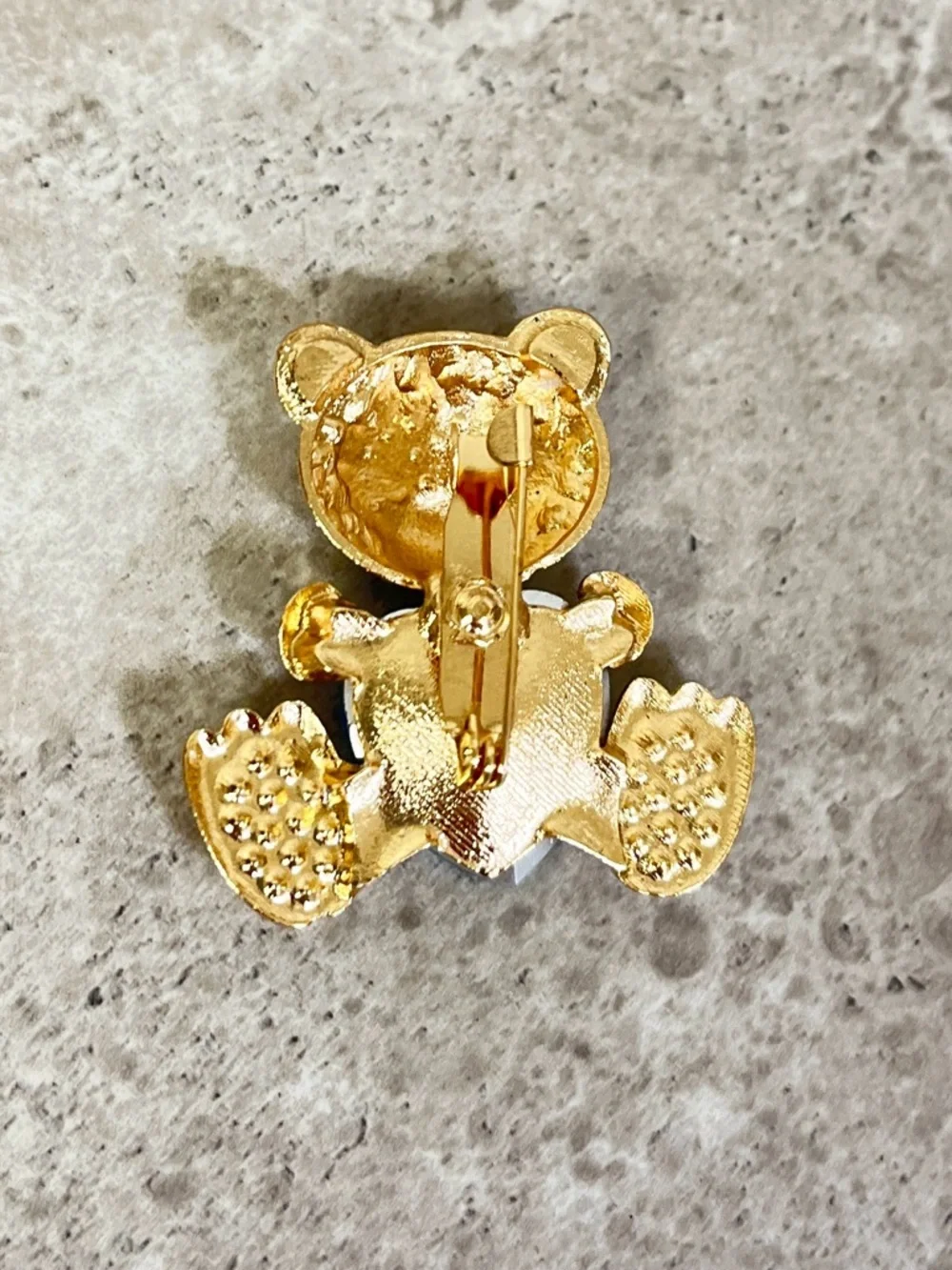 Teddy Bear Brooch NIP with Blue Heart Gem,rhinestones on gold tone base